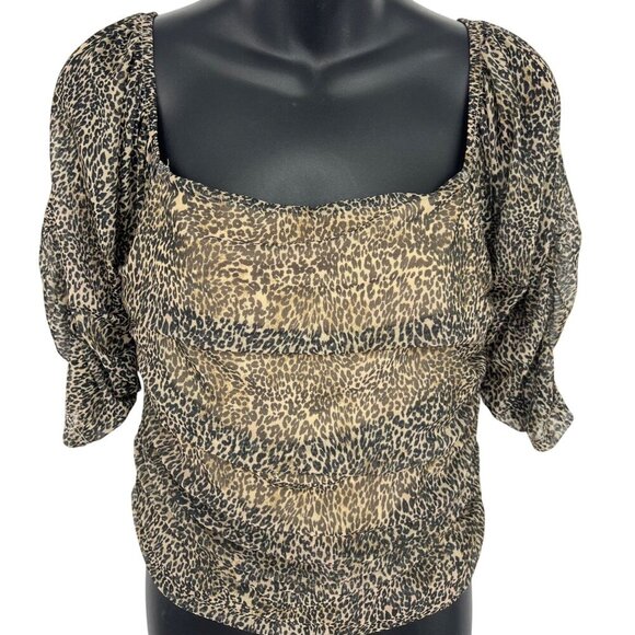 Anthropologie Top Blouse Medium Animal Square Neck Puff Short Sleeve Ruched New - Picture 1 of 9